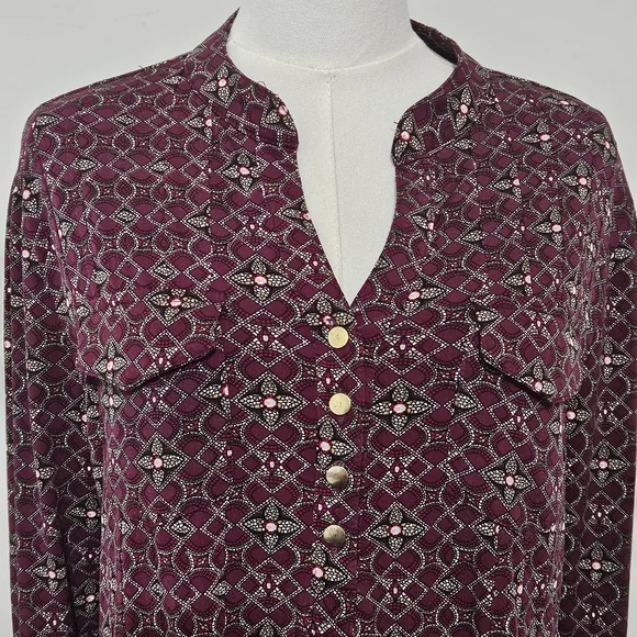 Dressbarn Size L Maroon Polyester Long-Sleeveled Womens Blouse Top Shirt with - Picture 2 of 16